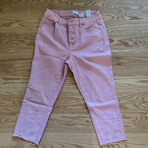 Pink Acid Wash Cropped Button Fly Jeans with Raw Hem size 10